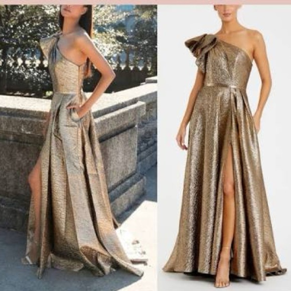 MAC DUGGAL 67297 ONE SHOULDER METALLIC ANTIQUE BRONZE BALL-GOWN sz 6 - Picture 8 of 12
